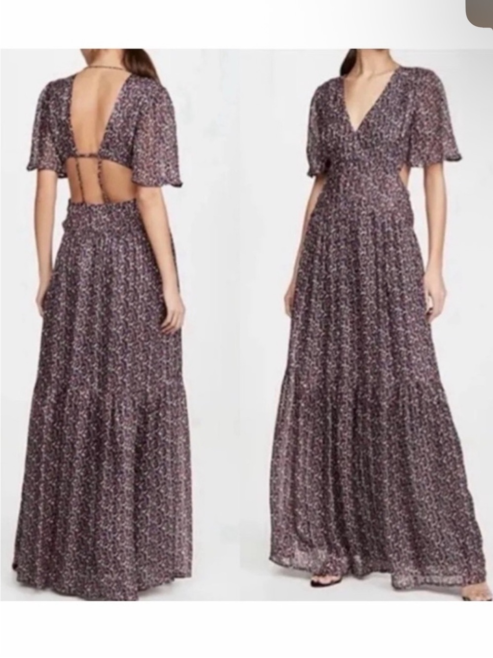 ba&sh Divine Metallic Silk Blend Open Back Cutout Maxi Dress Purple